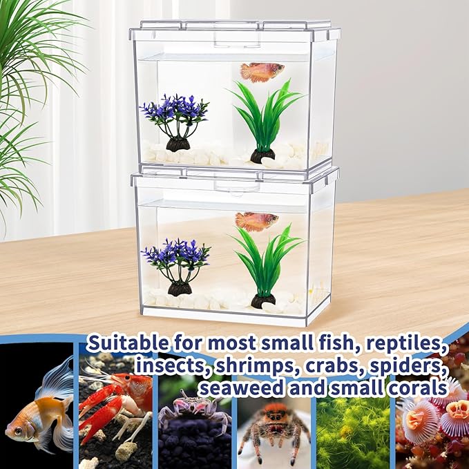 Mini Betta Fish Tank, Small Fish Bowl for Temporary Space, 0.2 Gallon Stackable Cube Tank with Artificial Plants and Gravels for Small Fish, Insect, Shrimp, Crab, Spider. (Pack-2)