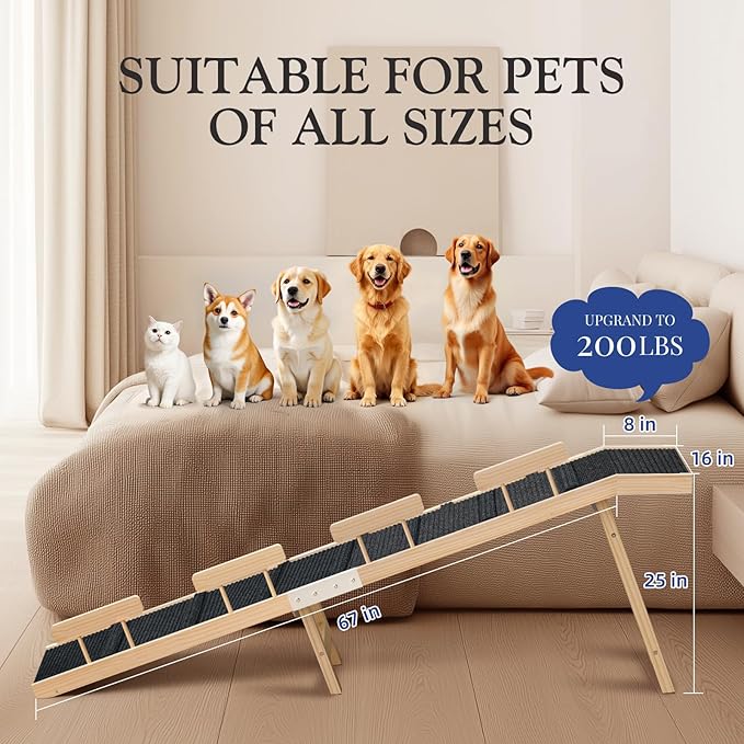 Easyego Foldable Dog Ramp for Bed and Couch, 74" Wood Pet Ramp with Side Rails and High Traction Carpet, 22° Gentle Long Slope, Top Landing Platform, Supports up to 200 LBS for Senior Dogs - Natural