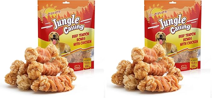 Jungle Calling Beef Tendons for Dogs, Chicken Wrapped Tendons Dog Chews Long Lasting Hip and Joint Supplement for Dogs with Glucosamine (Knotted Bone) (Pack of 2)