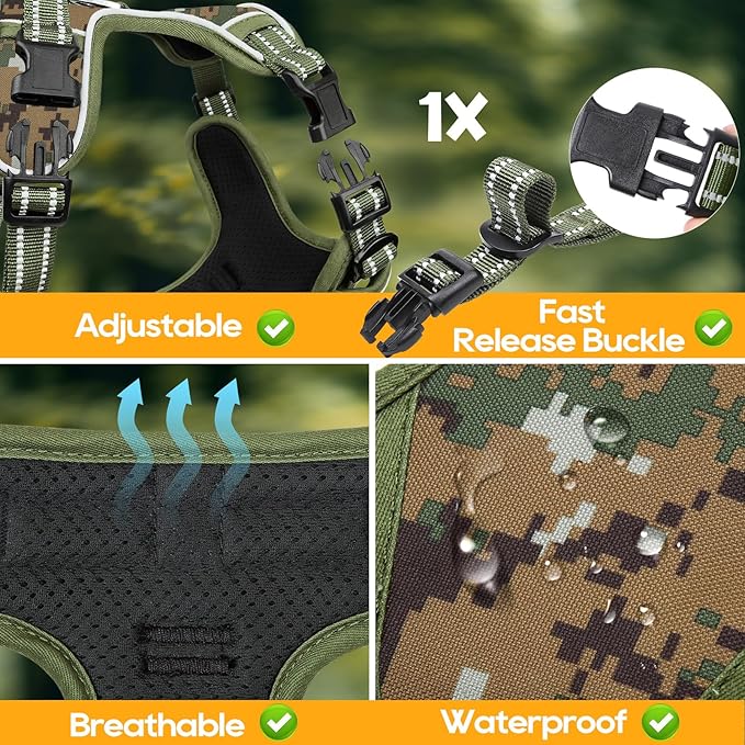 Timos Dog Harness Large Sized,No Pull Dog Harness Adjustable Metal Rings 3 Buckles,Reflective No Choke with Easy Control Handle for Large Dogs,Military Green XL