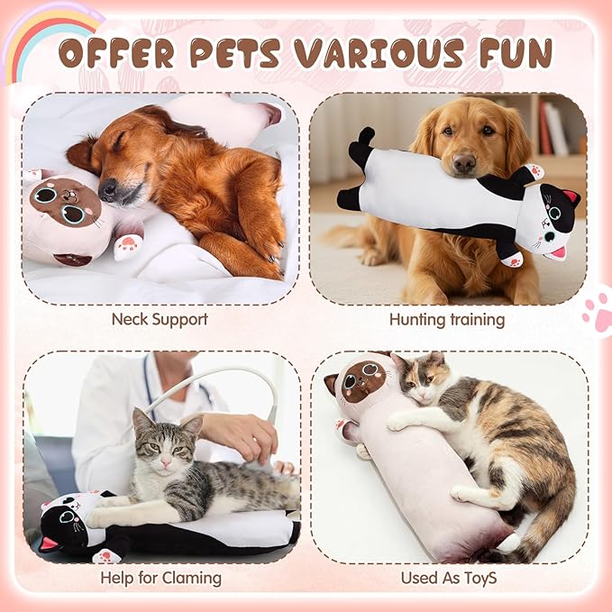 2 Pcs Large Kitty Shaped Pillows for Dogs and Cats Pet Plush Gifts Long Body Stuffed Animal Sleeping Pillows for Medium Large Sized(Cute,Brown,White)