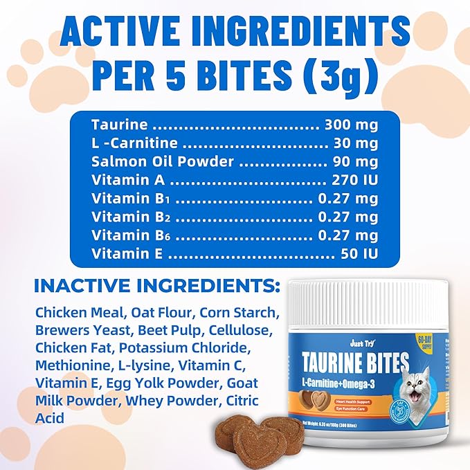 Just Try 6.35 oz Cat Taurine Bites - Taurine for Cats with L-Carnitine, Omega 3 and Vitamins - Supports Immune, Heart and Eyes Health Cat Supplements 300 Bites