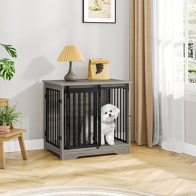 27.2" Dog Crate Furniture with Barn Door, Heavy Duty Dog Kennel Indoor with 2 Doors, Wooden Pet Cage End Table for Small Medium Dogs up to 22 lb, Anti-Chew Anti-Escape, Greige DFC84305B