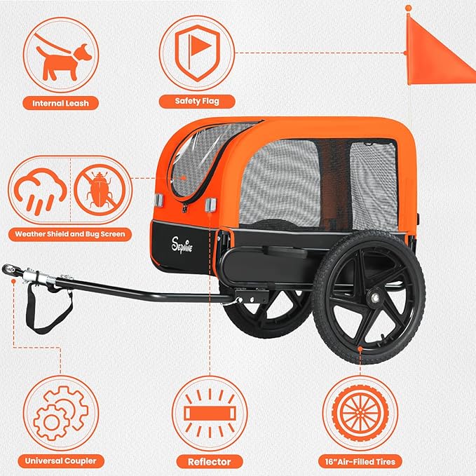 Sepnine Dog Bike Trailer, Dog Cart for Bicycle, Suitable for Small and Medium Pets, Easy Folding Cart Frame, Quick Release Wheel, Non-Slip Floor, Internal Leash, 66LBS Orange