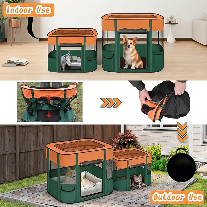 Portable Cat Playpen with Separate Areas, 2-in-1 Puppy Playpen & Cats Cage, Foldable Pet Tent for Indoor and Outdoor Use, Collapsible Tent Kennel Cage House(35.4"x27.6"x27.6", Orange & Green)