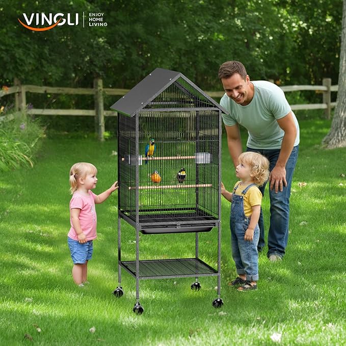 VINGLI Bird Cage with Wheels, 50 inch Wrought Iron Cage with Spire Roof, Bird Cages with Rolling Stand for Parrots, Cockatiels, Budgies, Lovebirds, Small/Medium Birds (50" H with Spire Roof)