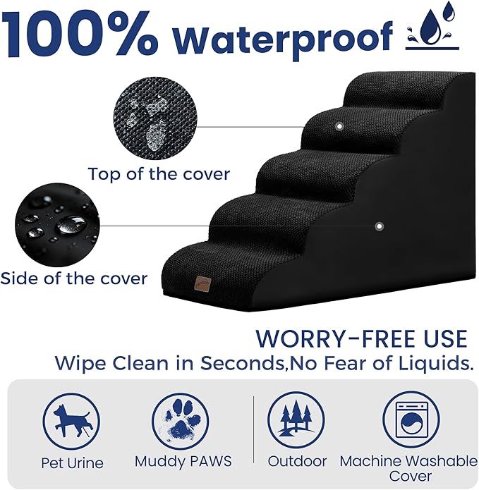 gogobunny Ramp Cat Dog Stairs for Beds, Cat Slope Stairs with Durable Waterproof Fabric Cover, Pet Steps for Old Large Dogs Climbing (Black, 5-Step (33" D x 15.7" W x 22.6" H), 5.0)