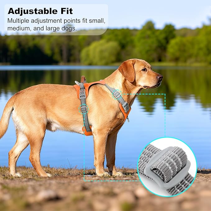 No Pull Dog Harness – Adjustable Reflective Nylon Vest for Small Medium Large Dogs, Escape Proof Training Harness with Leather Control Handle, Lightweight Aluminum Hardware (Orange, XL)