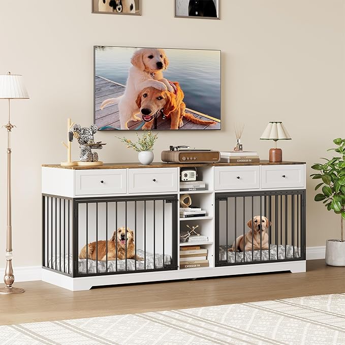 GAOMON Dog Crate Furniture for 2 Dogs, 82'' Large Dog Kennel Indoor with 4 Storage Drawers and 4 Shelves, Double Dog Crate TV Stand for Medium and Large Dogs, White