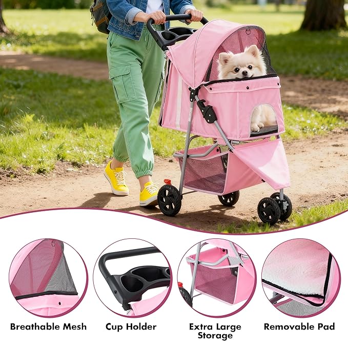 Sweetcrispy 3 Wheels Pet Stroller for Small Dogs and Cats – Foldable Dog Stroller with Mesh Windows, Storage Basket & Cup Holder, Lightweight & Durable Pet Carrier for Travel, Outdoor Use, Pink