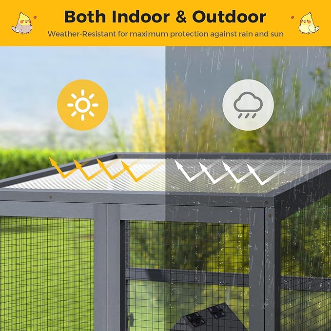COZIWOW Large Bird Cage Wooden Outdoor Bird Aviary,Indoor Parakeet Cage on Wheels,Parrot Cage with Perch,Nest House,Removable Wire Netting Slide Pull Out Tray for Small Medium Finches
