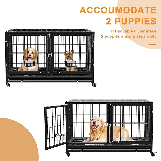 43 inch Heavy Duty Dog Crate for Large Dogs, Stackable Dog Kennels and Metal Wire Cages with Feeding Bowls, Leak-Proof Pans, Removable Wire Trays and Divider, Extra Large XL XXL