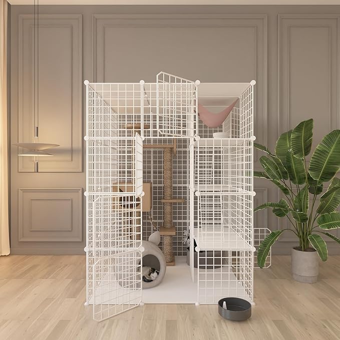 Indoor Cat Cage Enclosure DIY,Cat Playpen Catio Thick Metal Wire Kennels for 1-3 Cats Kitten Cage Detachable Patio Cat Crate (White, 41" L x 41" W x 55" H)
