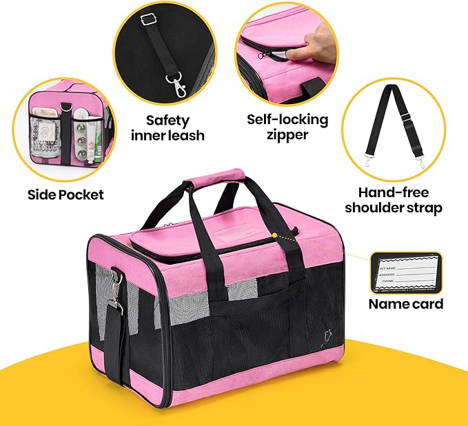 Cat Carrier Airline Approved, Soft-Sided Dog Carrier with Inner Safety Leash, Pet Transport Carrier for Small-Medium Cats Puppies up to 15 Lbs, Collapsible Travel Kitten Carrier Bag -Pink M