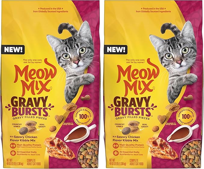 Meow Mix Gravy Bursts Dry Cat Food,Chicken,3 LB Bag,(Pack of 2)