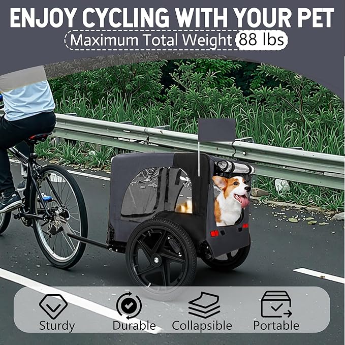 Anwick Dog Bike Trailer, Heavy Duty Dog Trailer for Bicycle, Cart Pet Bike Carrier with 3 Doors, 16" Wheels, Flag, Collapsible to Store, Pet Cart Bicycle Carrier for Small and Medium Pets