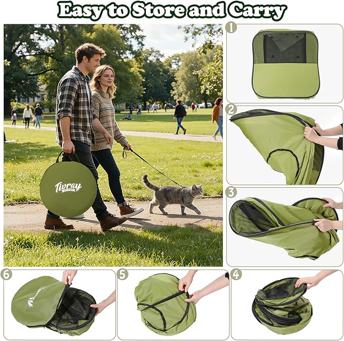 Cat Playpen, 3-in-1 Pop-up Outdoor Cat Enclosure with 2 Rooms 1 Tunnel, Breathable Pet Playpen for Indoor Outdoor Use, Portable Catio Tent with Carry Bag for Kitten Rabbit Small Animals, Green