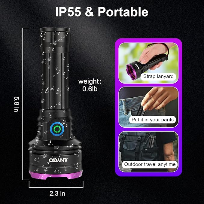365nm Rechargeable UV Flashlight with Filter Lens, 30W Powerful Black Light, Ultraviolet UV Led Torch for Air Conditioner Leak Detection/Pet Urine Detection/Rocks Scorpion Hunting/Camping