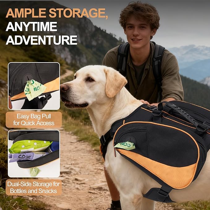 Dog Backpack Suitable for Medium to Large Dogs, Adjustable Lightweight Pet Harness, Built-in Poop Bag Dispenser, Waterproof and Safe, Suitable for Hiking, Puppy Training, Or Daily Walks, L