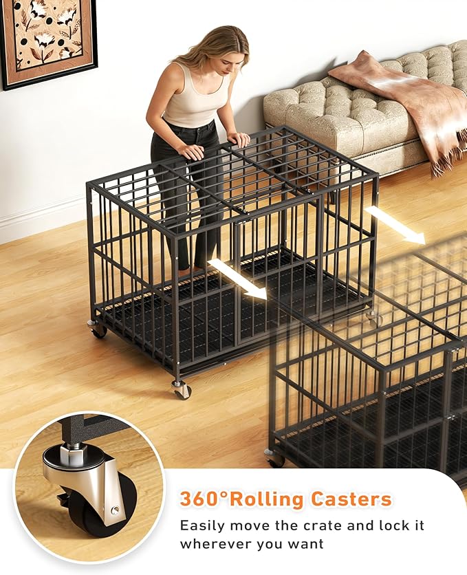48 inch Heavy Duty Dog Crate with Dual Doors and Lockable Wheels, Large Dog Kennel Indoor, Removable Tray for Easy Cleaning, Dog Cage for Medium to Large Breeds and Anxious Dogs