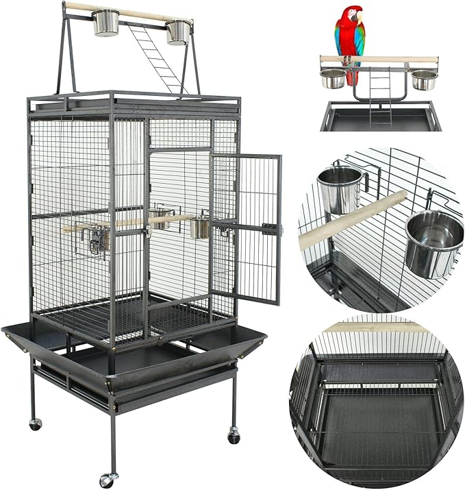 68 inch Iron Bird Cage, Play Top Parrot Cage with Rolling Stand for Parrot Cockatiels Parakeet Cage Macaw Finch Cockatoo Perch Pet House, Black
