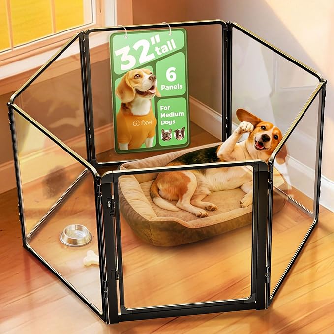 FXW AuraSpace Pro Metal & Acrylic Indoor Dog Playpen, All-Acrylic Clear Heavy-Duty Design, 32" Height 6 Panels for Small and Medium Dogs, Black│Patented