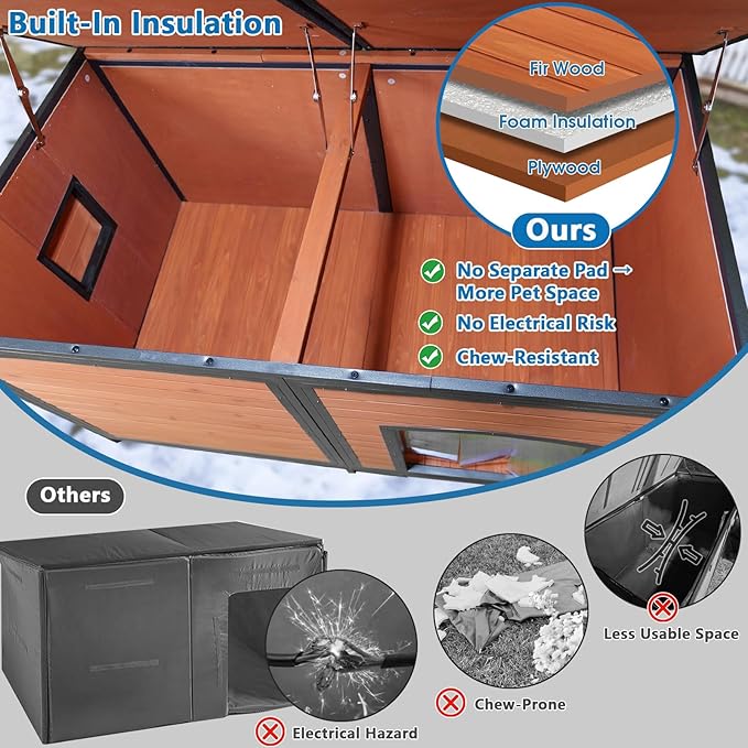 Extra Large Dog House Outdoor 59.1" L Outside Insulated Dog Kennel Weatherproof Winter, 6 Sides All-Round Foam for Small Medium Large Extra Large Dogs, Strong Metal Chew Proof Frame Window