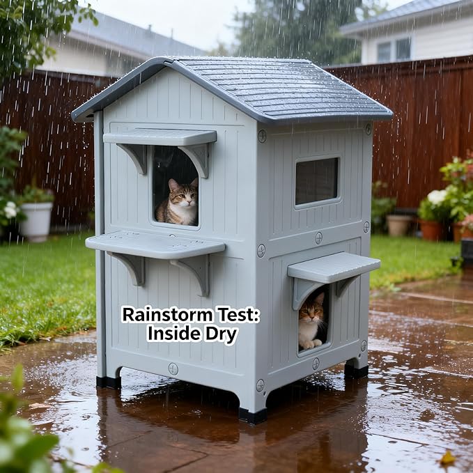 Weatherproof Outdoor Insulated Cat House for Feral Multi Cat, 2 Storey Plastic Elevated Cat Shelter with Escape Door, Easy Assemble, Expansive Interior‌ Grey 34" D x 21" W x 21.5" H
