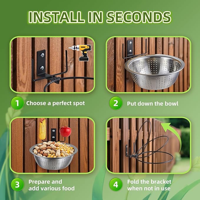 Squirrel Feeder with 8.5" Colander Bowl Tree/Fence Mounted, 2 Corn Cob Spikes for Various Food Backyard, Metal Squirrel Feeders for Outside, Removable Feed Bowl Nice to Clean/Refill,1 Set