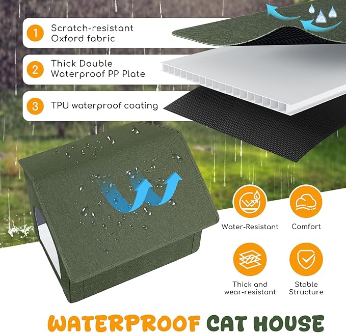 Outdoor Cat House Weatherproof, Insulated Cat Dog Houses for Outdoor/Indoor Cats for Winter, Waterproof Feral Stray Cat Shelter with Warm Cushion for All Seasons, Easy to Assemble, Olive Green