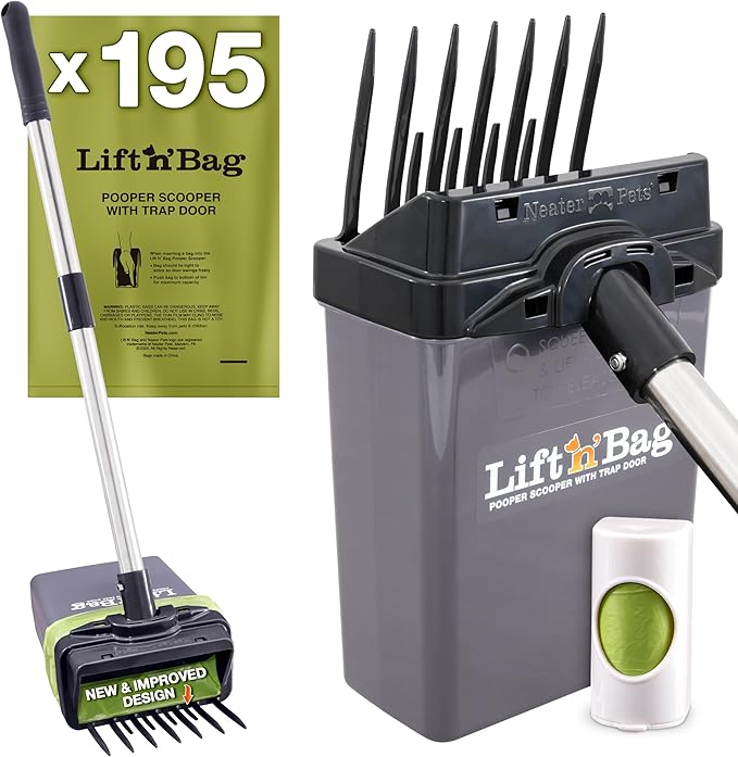 Neater Pet Brands Lift N’ Bag 2.0 Dog Pooper Scooper with Bag Attachment & 22" Pole for Small to Large Dogs, New & Improved Design, 195 Refill Bags, Heavy Duty Dog Poop Scooper for Yard, One-Hand Use