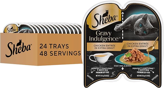 Sheba Gravy Indulgence Adult Wet Cat Food, Wet Food for Cats Chicken Entree in Extra Gravy, 2.6 oz. Twin-Pack Trays (24 Count, 48 Servings)