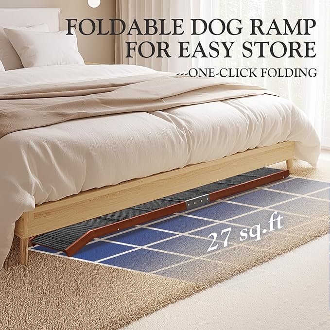 Easyego Foldable Dog Ramp for Bed, 74" Wood Pet Ramp with Side Rails and High Traction Carpet, 22° Gentle Long Slope, Top Landing Platform, Supports up to 200 LBS for Senior Dogs - Vintage Walnut