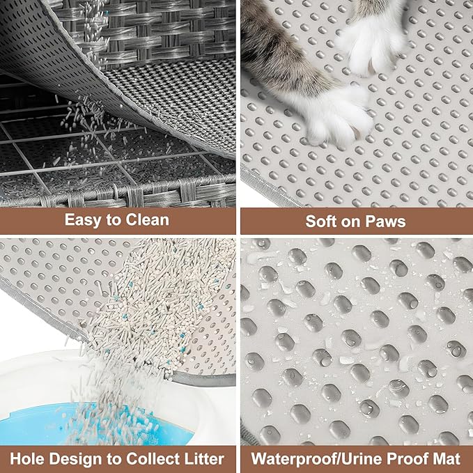 KOUSEI Handwoven Rattan Cat Litter Box Enclosure Furniture - Hidden Indoor Pet House with Door & Mat, Discreet Washroom Cabinet for Living Room and Bedroom, Grey