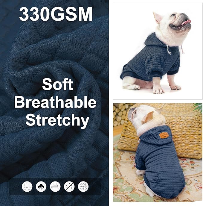 BEAUTYZOO Medium Dog Hoodie Sweater with Pockets, Dog Clothes for Small Medium Dogs Boy Girl, Waffle-Like Laminated Cotton Pet Coats with Hat and Leash Hole, Navy Blue XL