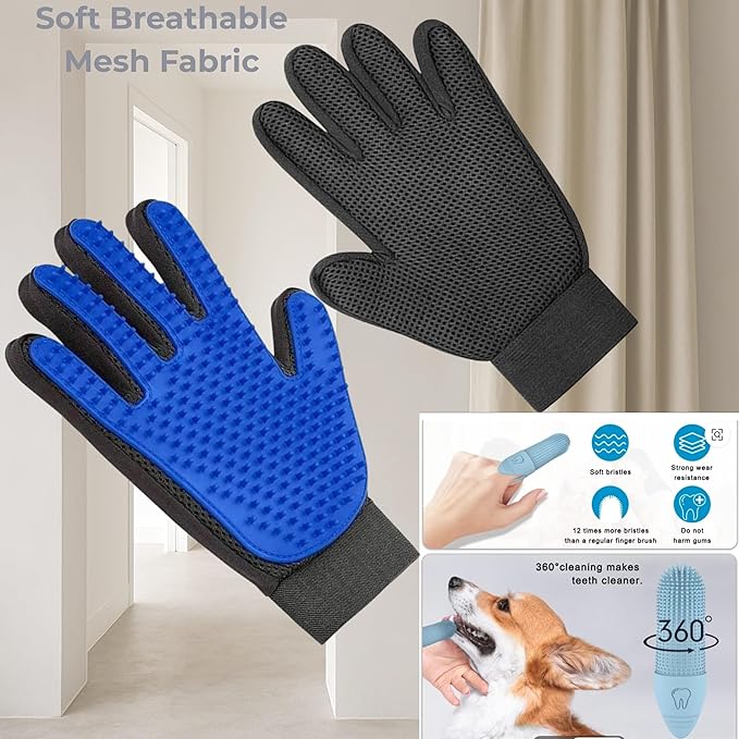 Pet Hair Removal Glove for Dogs & Cats, Pet Grooming Glove – 2-in-1 Deshedding & Massage Mitt – Soft Silicone Tips – Left & Right Hand Set + Bonus Detail Tool