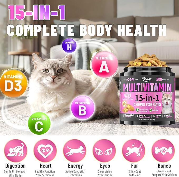 Taurine for Cats Vitamins Treats, 15 in 1 Cat Multivitamin Support Skin, Joint, Digestion & Immune Supplement, 500 Crunchy & Creamy Chews with Essential Vitamins for Cats of All Ages (90-Day Supply)