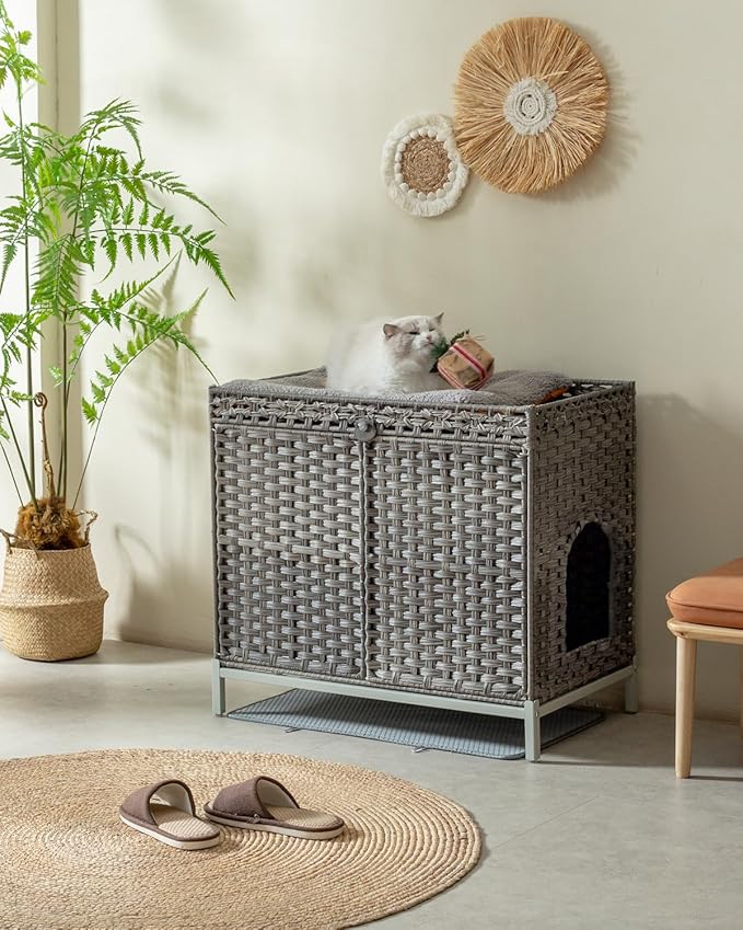 Cat Litter Box Enclosure Furniture, Hidden Handwoven Rattan Litter Box with Mat, Large Cat House with Metal Heightened Feet, 30.3 x 18.3 x 28 Inches, Indoor for Living Room, Bedroom Gray