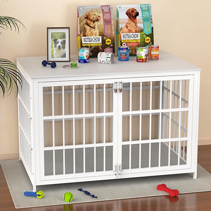 Heavy Duty Dog Crate Furniture – Indestructible Furniture Style Dog Kennel with Wooden Table Top, Escape-Proof Crate for High Anxiety Dogs, Decorative Indoor Pet House with Double Doors & Secure Locks
