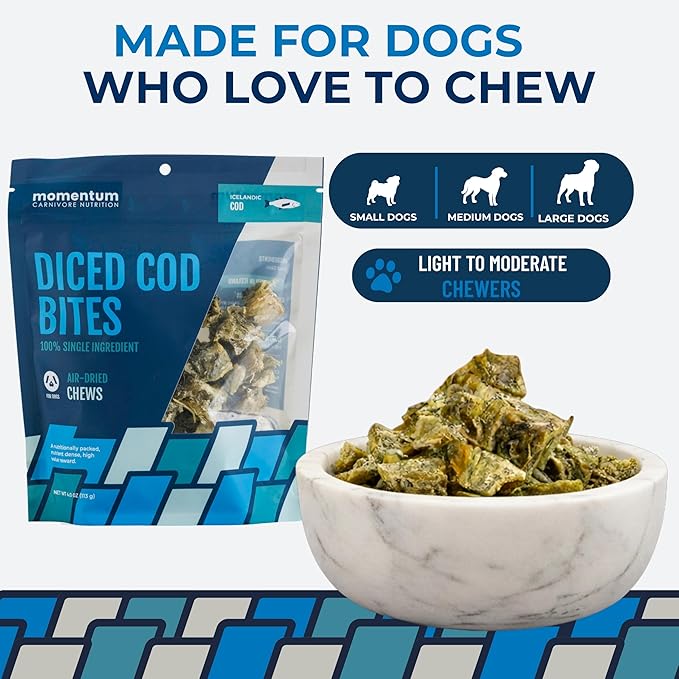 Momentum Carnivore Nutrition Diced Cod Bites Dog Treats – Single Ingredient Icelandic Cod Skin Chews | Natural Dental Support | High-Protein Fish | Healthy Dog & Cat Treats | 4 oz Bag