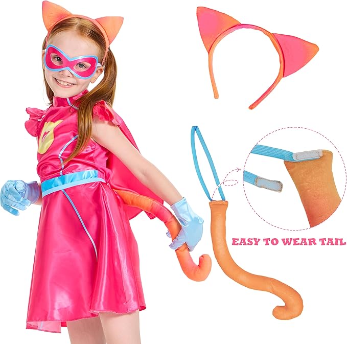 IKALI Pink Kitties Costume for Kids Girls Halloween Superhero Cat Fancy Dress with Cape