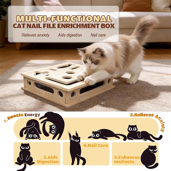 Cat Scratch Puzzle Enrichment Box, Solid Wood Construction Cat Nail File Enrichment Box with Sandpaper Inside, Cat Nail File Box Stress Free Alternative to Clippers and Grinders(No Bell Ball)