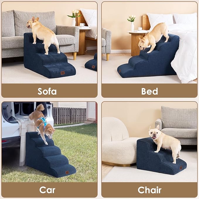 EHEYCIGA Curved Dog Stairs Ramp for High Beds 19.7" H, 4-Step Dog Steps for Small Dogs and Cats, Pet Stairs for High Bed Climbing, Non-Slip Balanced Pet Step Indoor, Navy