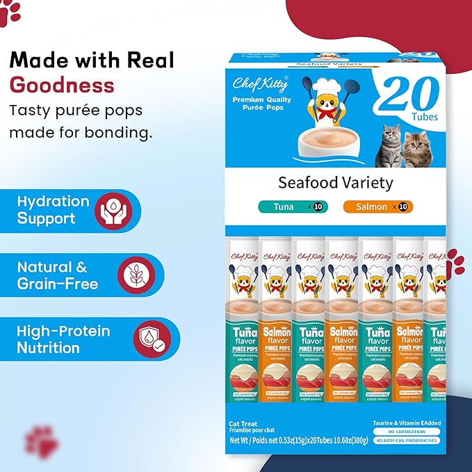Cat Treats Lickable | Grain-Free Tuna & Salmon Cat Treats | Creamy Puree Squeeze Ups with Vitamin E & Taurine, Digestible Formula | 0.5 oz. Each Tube, Seafood Mix Variety | 20 Tubes