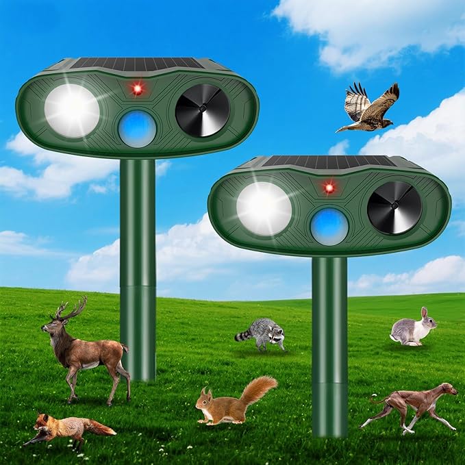 2 Pack Ultrasonic Animal Repellent Outdoor, Solar Deer Repellent Motion Sensor Cat Squirrel Rabbit Repeller, Waterproof Dog Raccoon Deterrent with LED Strobe Flash Lights