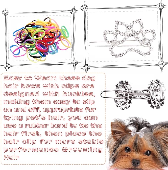 PET SHOW 10pcs Crystal Small Dogs Hair Clips Tiara Bone Paw Heart with 200pcs Rubber Bands Grooming Hair Accessory