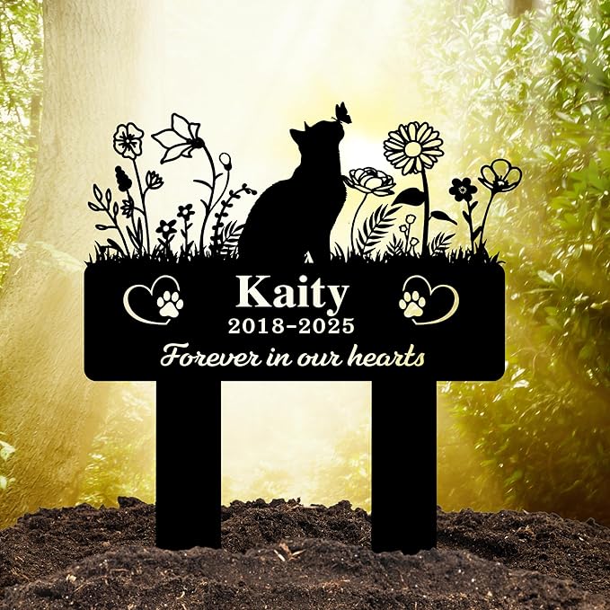 Custom Cat Grave Marker Outdoor | Personalized Pet Memorial Stone with Engraved Name & Lifespan Dates | Perfect Garden or Yard Tribute for Pet Loss | Durable Weatherproof Metal Material