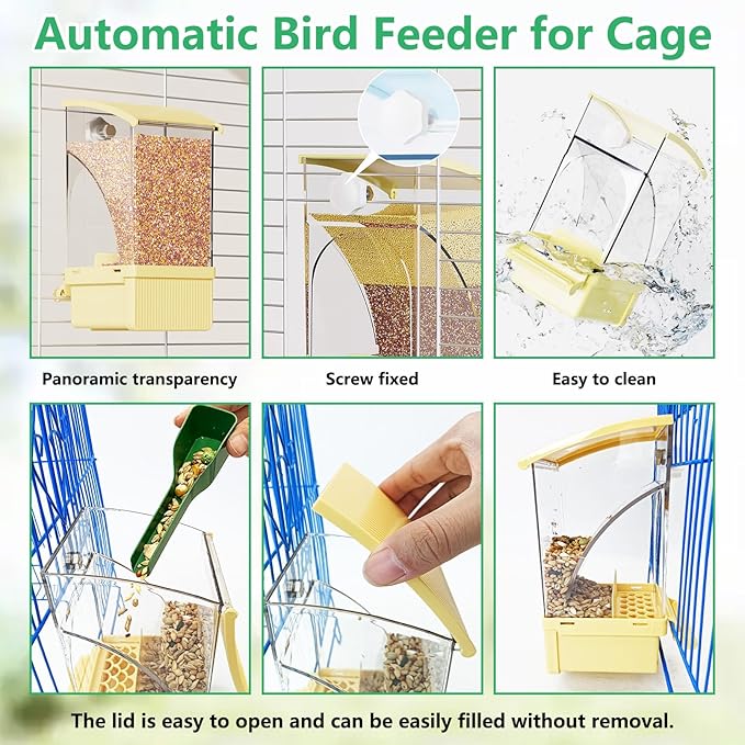 Hamiledyi Automatic Bird Feeder No Mess Bird Cage Feeder Transparent Acrylic Parrot Seed Food Container with Perch Cage Accessories for Parakeet Finch Lovebirds Budgies Canary (Yellow)