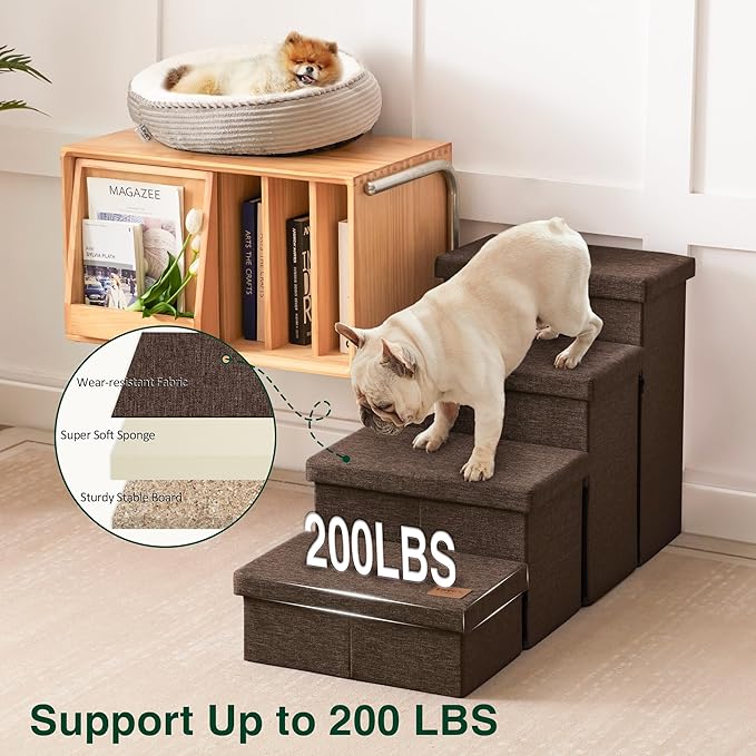 Love's cabin Dog Stairs for Small Medium or Large Dogs with Storage and Adjustable Steps, Foldable Dog Steps for Bed or Couch, 4-Step Coffee Folding Cat Pet Ramp with Zip up to 200 lbs, Coffee