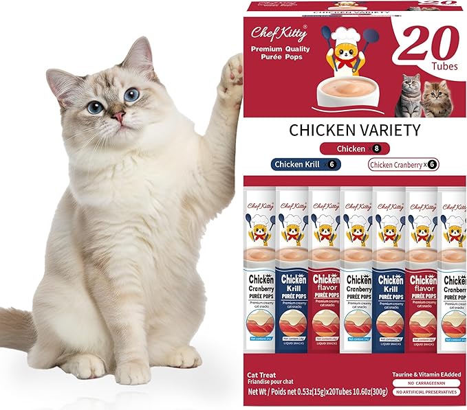 Cat Treats Lickable | Grain-Free Cat Food Toppers, High Protein | Creamy Puree Squeeze Ups with Vitamin E & Taurine, Digestible Formula | 0.5 oz. Each Tube, Chicken Mix Variety | 20 Tubes